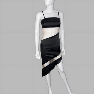 Black Body Con Asymmetrical Dress With Nude Mesh‎ Cutout